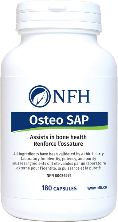 SCIENCE-BASED OSTEOMINERALS, CALCIUM, VITAMINS AND AMINO ACIDS IN NON-GMO VEGETABLE CAPSULES  NFH Osteo SAP 180 Capsules  Description  Osteoporosis is a multifactorial disease with roots in genetics, endocrine function, exercise, and nutritional habits. Osteo means “bone” and porosis, “thinning” or “becoming more porous”, together literally meaning “thinning of bones.”