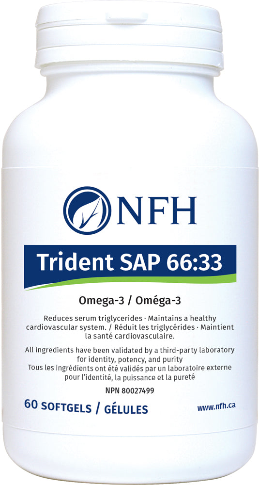 SCIENCE-BASED OMEGA-3 OILS OF EXCEPTIONAL PURITY FOR OPTIMAL HEALTH  NFH Trident SAP 66:33 (660 mg EPA, 330 mg DHA/softgel) 60 Softgels  Description  Trident SAP 66:33 is a fish oil of exceptional purity, standardized to the highest concentration. Each softgel provides 990 mg of EPA and DHA in a 2:1 ratio.