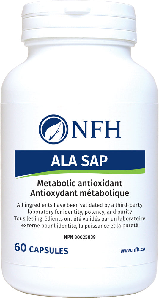 SCIENCE-BASED ALPHA LIPOIC ACID FOR OPTIMAL ANTI-OXIDANT PROTECTION  NFH ALA SAP 60 Capsules  Description  alpha-Lipoic acid (ALA) is a fat-soluble antioxidant. One of the leading causes of cellular breakdown is free-radical damage. ALA is one of the few substances that can cross the blood-brain barrier. ALA supplementation causes increased levels of glutathione, which helps the body dispose of toxins.