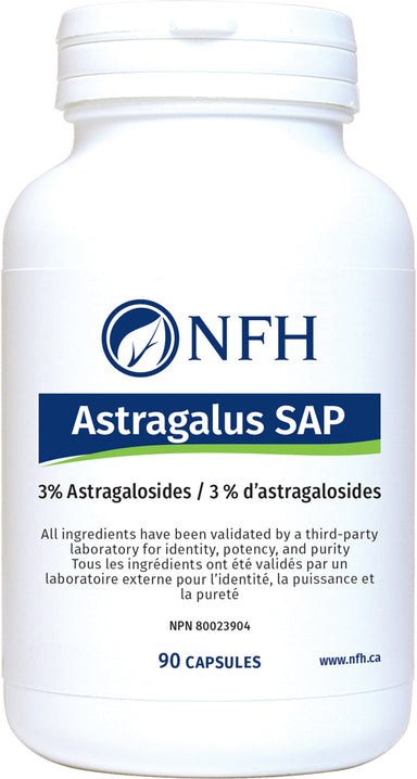 SCIENCE-BASED ASTRAGALUS EXTRACT FOR ENHANCED THERAPEUTIC EFFECT  NFH Astragalus SAP 90 Vegetarian Capsules  Description  Astragalus is a complex combination of polysaccharides, triterpene glycosides, flavonoids, amino acids, and trace minerals. Astragalus may restore T-cell (a specific type of white blood cell) counts to relatively normal ranges in suppressed patients.