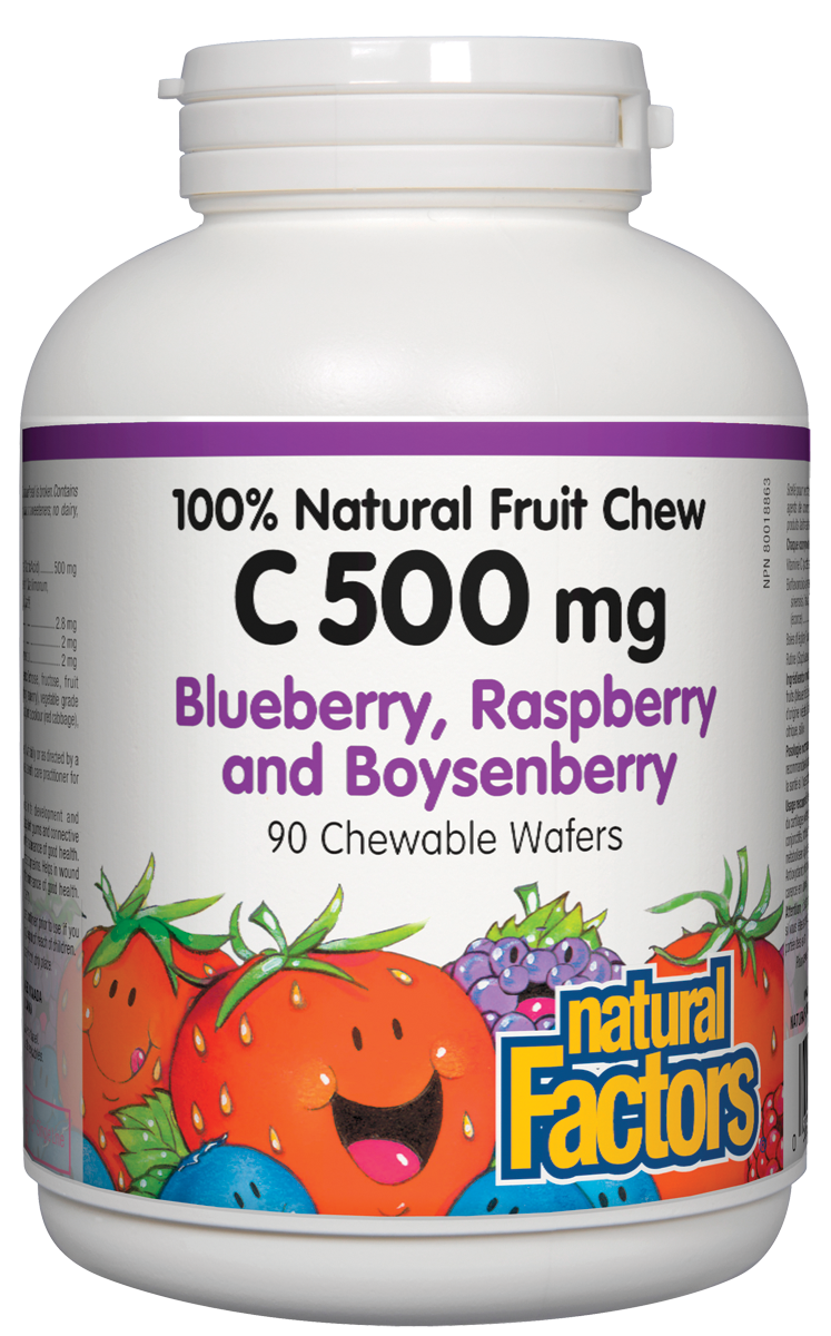Natural Factors Vitamin C 500mg 100% natural Fruit Chew Blueberry, Raspberry and Boysenberry 90 Chewable Tablets