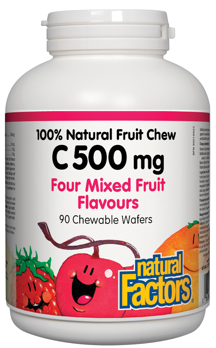 Natural Factors Vitamin C 500mg 100% Natural Fruit Chew Four Mixed Fruit Flavours 90 Chewable Tablets