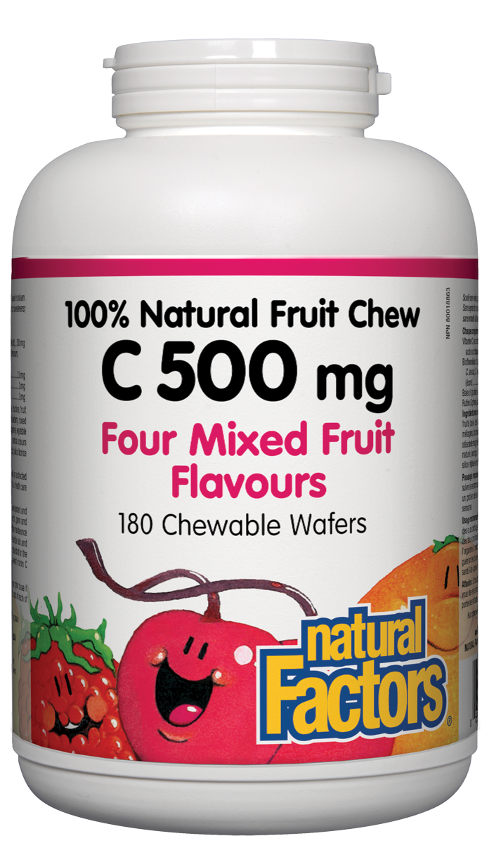Natural Factors Vitamin C 500mg 100% Natural Fruit Chew Four Mixed Fruit Flavours 180 Chewable Tablets