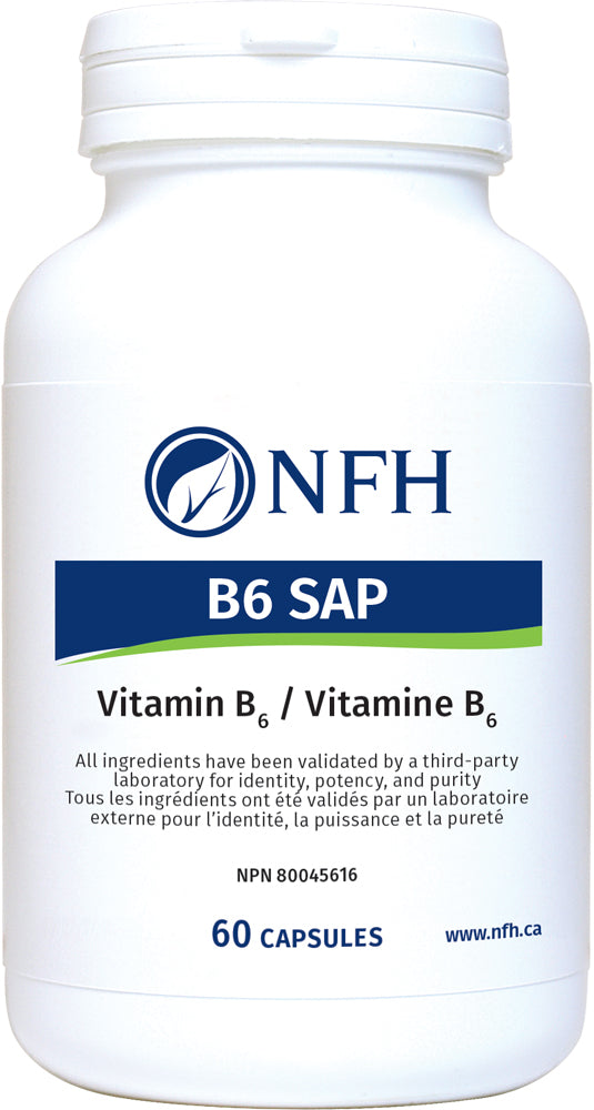 SCIENCE-BASED B-COMPLEX WITH A HEALTHY SUPPLEMENTAL DOSE OF VITAMIN B6  NFH B6 Sap 60 Vegetarian Capsules  Description  Vitamin B6 is involved in more bodily functions than almost any other single nutrient, with roles in homocysteine metabolism, hemoglobin formation, and neurotransmitter synthesis. It also acts as a potent antioxidant in the body.