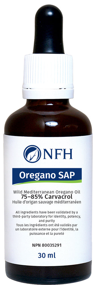 SCIENCE-BASED NUTRIENTS FOR ANTIMICROBIAL TREATMENT  NFH Oregano SAP 30 ml  Description  Wild Mediterranean oregano from Turkey standardized to 75-85% carvacrol content is used to formulate Oregano SAP.  Oregano oil extract has demonstrated antioxidative, antimicrobial, and antiviral properties. Carvacrol is one of nature’s most potent antimicrobials, as it has beneficial effects against several strains of both Gram-positive and -negative bacteria and several species of fungi and yeast.