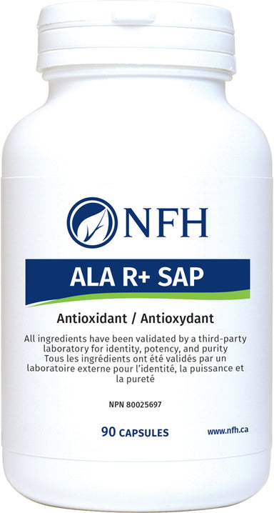 SCIENCE-BASED R+ ALPHA-LIPOIC ACID FOR OPTIMAL ANTIOXIDANT PROTECTION  NFH ALA R+ SAP 90 Vegetarian Capsules  Description  alpha-Lipoic acid (ALA) R+ is the only antioxidant that is both fat- and water-soluble. This is important because alpha-lipoic acid can access all parts of living cells, giving it the ability to trap free radicals and protect against oxidation.