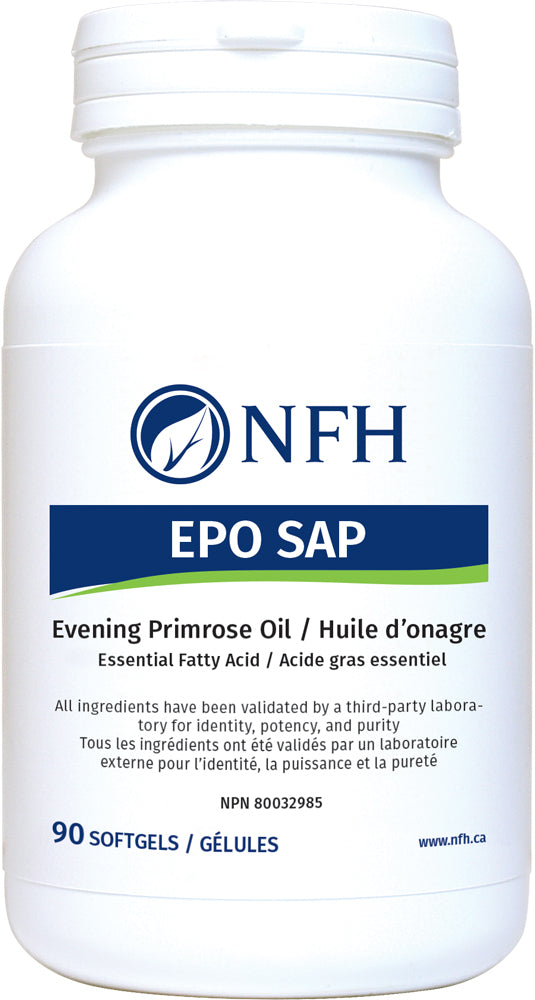 SCIENCE-BASED OMEGA-6 FATTY ACID OF EXCEPTIONAL PURITY  NFH EPO SAP 90 Softgels  Description  Evening primrose oil (EPO) contains essential fatty acids that have several beneficial effects in the body. EPO is a source of gamma-linolenic acid (GLA) which, when used topically, has been demonstrated to aid in the management of atopic dermatitis.