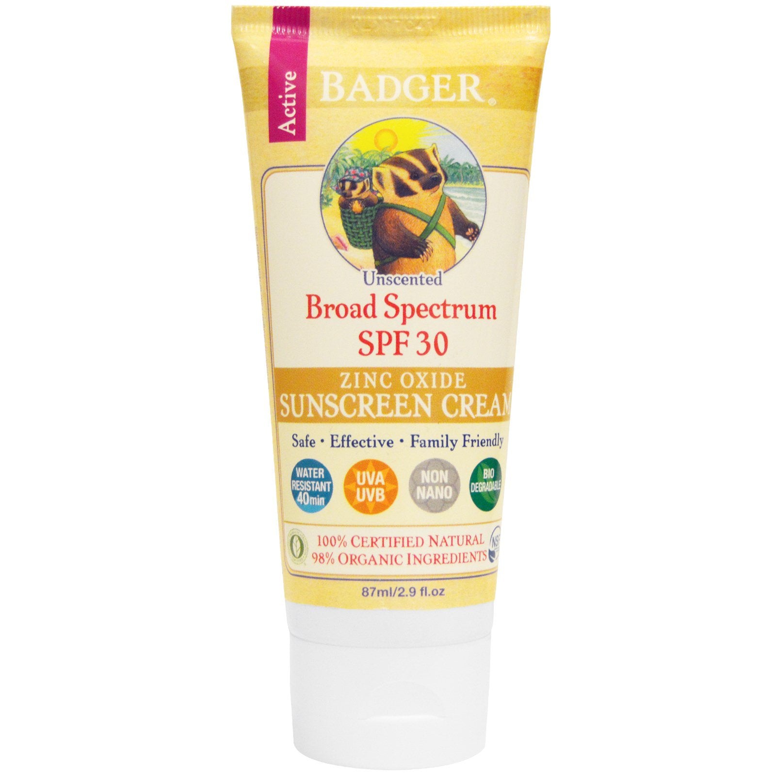Badger Active Sunscreen SPF 30 Unscented  87ml