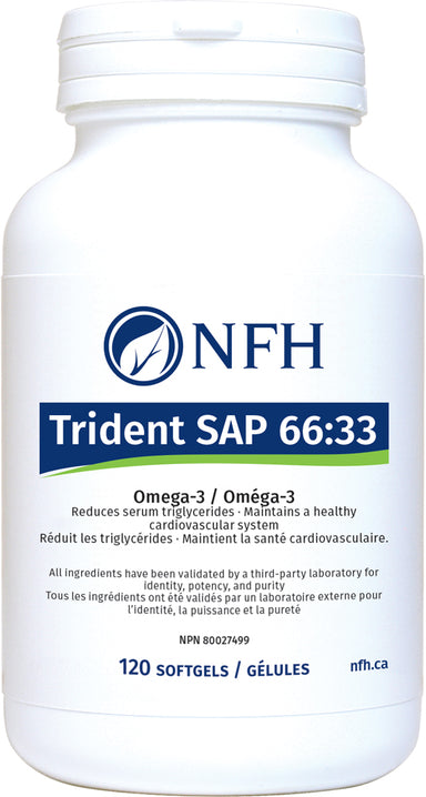 SCIENCE-BASED OMEGA-3 OILS OF EXCEPTIONAL PURITY FOR OPTIMAL HEALTH  NFH Trident SAP 66:33 120 Softgels  Description  Trident SAP 66:33 is a fish oil of exceptional purity, standardized to the highest concentration. Each softgel provides 990 mg of EPA and DHA in a 2:1 ratio.