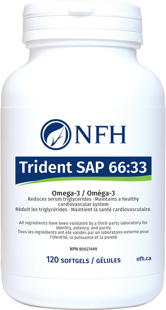 SCIENCE-BASED OMEGA-3 OILS OF EXCEPTIONAL PURITY FOR OPTIMAL HEALTH  NFH Trident SAP 66:33 120 Softgels  Description  Trident SAP 66:33 is a fish oil of exceptional purity, standardized to the highest concentration. Each softgel provides 990 mg of EPA and DHA in a 2:1 ratio.