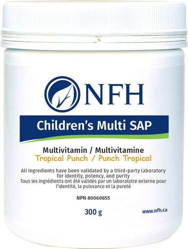 SCIENCE-BASED, ESSENTIAL MULTIVITAMIN FOR PROMOTION OF GROWTH AND DEVELOPMENT  NFH Children's Multi SAP Tropical Punch 300g  Description  Providing adequate vitamins and minerals for optimal health is paramount for the promotion of healthy growth and development in children. While essential vitamins and minerals play individual roles in physiology, nutrients work synergistically to provide the basis for vibrant health.