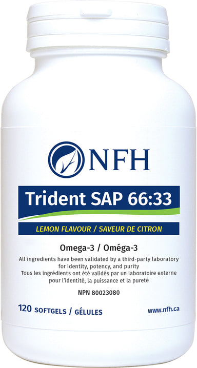 NATURAL LEMON FLAVOUR (660 MG EPA, 330 MG DHA/SOFTGEL)    Description  Trident SAP 66:33 Lemon Flavour is a fish oil of exceptional purity, standardized to the highest concentration. Each softgel provides 990 mg of EPA and DHA in a 2:1 ratio.