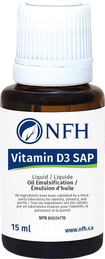SCIENCE-BASED VITAMIN D FOR OPTIMAL HEALTH  NFH Vitamin D3 SAP Liquid 15 ml  Description  In recent years, the importance of vitamin D has been thoroughly researched, and it has been found to be a critical vitamin to overall human health. It was once thought that a deficiency would have its impact only on the skeletal system, manifesting as rickets or osteomalacia.