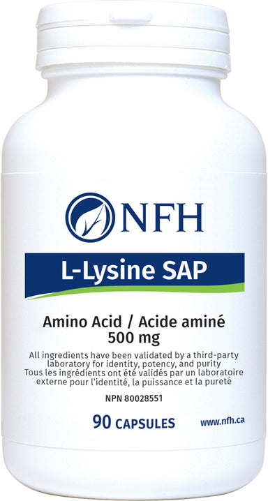 SCIENCE-BASED AMINO ACID FOR ANTIVIRAL ACTIVITY  NFH L‑Lysine SAP 90 Vegetarian Capsules  Description  Lysine is classified as being an essential amino acid for human health. This means that lysine has to be consumed in adequate amount in the diet and cannot be synthesized from other amino acids in the body. Lysine is found in highest concentrations in animal protein sources such as meat and dairy.