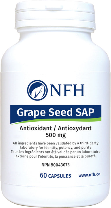 GRAPE SEED EXTRACT FOR ANTIOXIDANT PROPERTIES AND INFLAMMATION  NFH Grape Seed SAP 60 Vegetarian Capsules  Description  Grape seed extract (GSE) contains proanthocyanidins, which have been demonstrated to exhibit a wide spectrum of pharmacological, therapeutic, and chemoprotective properties. Studies have demonstrated that GSE can reduce inflammation by inhibiting the formation of inflammatory cytokines and reducing inflammatory mediators.