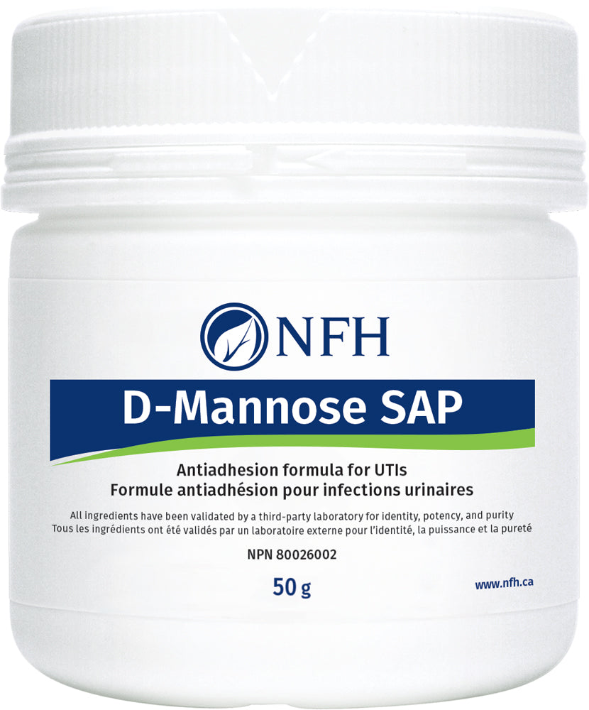 SCIENCE-BASED URINARY ANTIADHESION FORMULA FOR URINARY TRACT INFECTIONS  NFH D-Mannose SAP 50g  Description  Annually, urinary tract infections (UTI) are responsible for more than 11 million physician visits in the United States. Although normally a commensal inhabitant of the intestinal and gastrointestinal tract of humans, Escherichia coli is the most common urinary-tract pathogen, whose overgrowth and over colonization accounts for 85% of UTI.