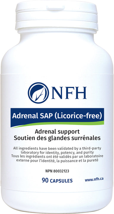 SCIENCE-BASED NUTRIENTS FOR ADRENAL GLAND SUPPORT  NFH Adrenal SAP (Licorice‑free) 90 Vegetarian Capsules  Description  Stress is an unavoidable force to which the human organism is constantly exposed in both short-term bursts and over extended periods of time. The body’s ability to withstand the damaging effects of stress is mediated primarily by the adrenal (aka suprarenal) glands
