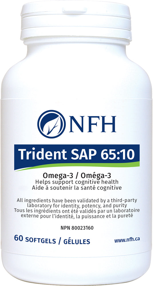 SCIENCE-BASED HIGH-DOSE EPA FOR MENTAL HEALTH AND OPTIMAL MOOD BALANCE  NFH Trident SAP 65:10 (650 mg EPA, 100 mg DHA/softgel) 60 Softgels  Description  Depression can affect people at any life stage. An individual suffering from depression can experience a variety of symptoms that may include fatigue, difficulty concentrating, change in appetite, irritability, agitation, withdrawal, insomnia or excessive sleeping, and in some cases, thoughts of death.
