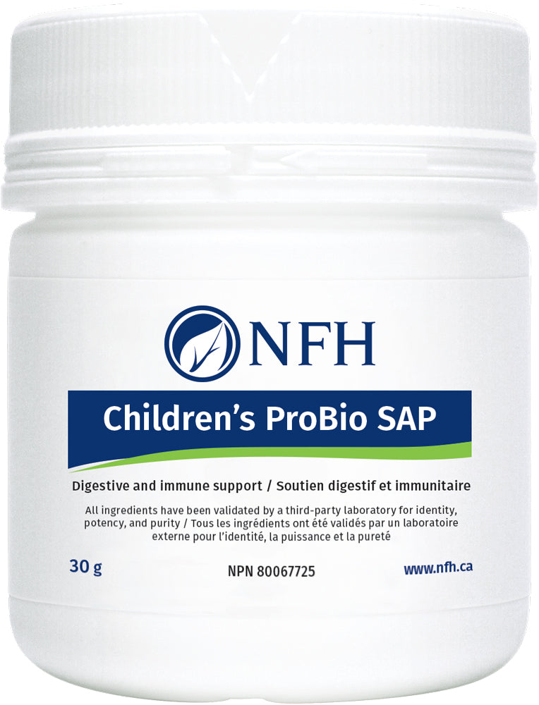 SCIENCE-BASED PROBIOTICS FOR IMMUNE AND GASTROINTESTINAL HEALTH  NFH Children's ProBio SAP 30g Powder  Description  Probiotics are dietary microbial mixtures that beneficially affect the host by improving intestinal microbial balance. Although large numbers of microbes normally inhabit the human intestine, certain strains of bacteria have been shown to assist with various conditions.