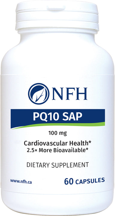 SCIENCE-BASED PEA-EMULSIFIED COENZYME Q10 FOR OPTIMAL ABSORPTION  NFH PQ‑10 SAP 60 Vegetarian Capsules  Description  Coenzyme Q10 is produced by the human body and is necessary for the basic functioning of healthy living cells. It has two main physiological roles: energy production and antioxidant protection. Without COQ10, the chain of cellular energy is broken; without energy, cellular life ceases.