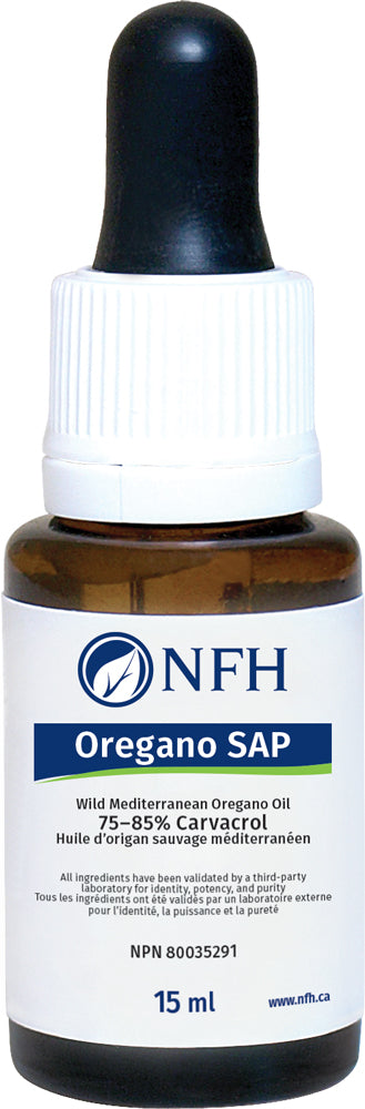 SCIENCE-BASED NUTRIENTS FOR ANTIMICROBIAL TREATMENT  NFH Oregano SAP 15 ml  Description  Wild Mediterranean oregano from Turkey standardized to 75–85% carvacrol content is used to formulate Oregano SAP.  Oregano oil extract has demonstrated antioxidative, antimicrobial, and antiviral properties. Carvacrol is one of nature’s most potent antimicrobials, as it has beneficial effects against several strains of both Gram-positive and -negative bacteria and several species of fungi and yeast.