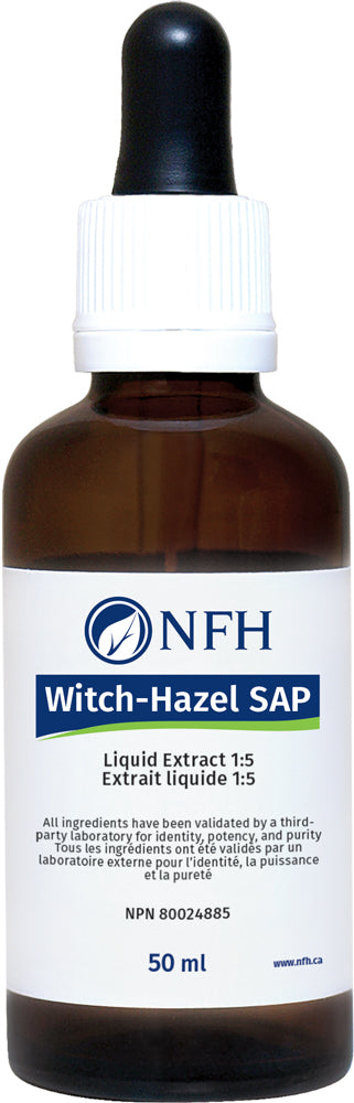 WITCH HAZEL EXTRACT 1:5 USP  NFH Witch‑Hazel SAP 50 ml  Description  Witch-Hazel SAP is sourced from certified organic bark of the Hamamelis virginiana species. Witch hazel has been used in herbal medicine for pain relief, bruising, inflammation, diarrhea, and dysentery.