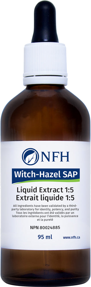 WITCH HAZEL EXTRACT 1:5 USP  NFH Witch‑Hazel SAP 95 ml  Description  Witch-Hazel SAP is sourced from certified organic bark of the Hamamelis virginiana species. Witch hazel has been used in herbal medicine for pain relief, bruising, inflammation, diarrhea, and dysentery.
