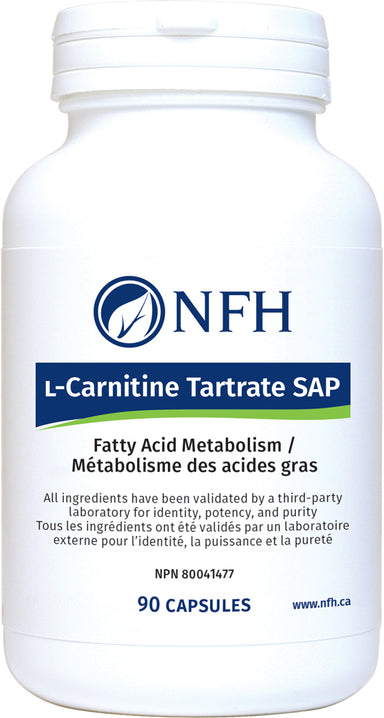 SCIENCE-BASED FATTY ACID METABOLISM AND ANTIOXIDANT SUPPORT  NFH L-Carnitine Tartrate Sap 90 Vegetarian Capsules  Description  ʟ-Carnitine plays an important role in fatty acid metabolism and has important antioxidant and anti-inflammatory properties. ʟ-Carnitine is a nonessential amino acid synthesized primarily in the liver and kidneys from the amino acids lysine and methionine.