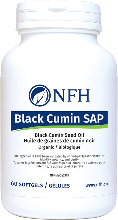 POTENT ANTI-INFLAMMATORY AND ANTIOXIDANT NUTRACEUTICAL  NFH Black Cumin SAP 60 Softgels  Description  Black cumin (Nigella sativa) is an herb native to the Middle Eastern and South-Asian regions of the world, and has long been used in traditional healing systems for a variety of treatments.