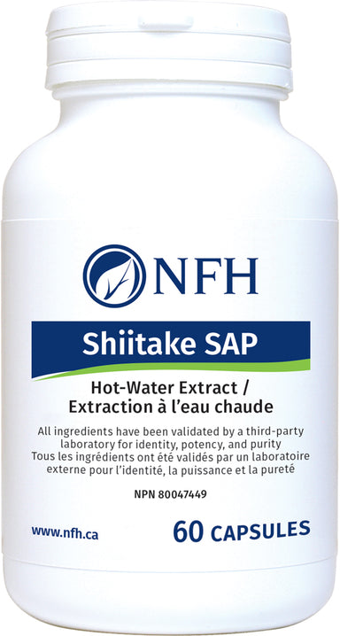 SCIENCE-BASED HOT-WATER MUSHROOM EXTRACT FOR OPTIMAL HEALTH AND IMMUNE SUPPORT  NFH Shiitake SAP 60 Vegetarian Capsules  Description  Shiitake SAP is a hot water-extracted medicinal mushroom. Shitake, also known as Lentinula edodes, is an edible mushroom that grows predominantly in Asia. Shiitake is the second most commonly consumed type of mushroom, but it also has several medicinal functions.