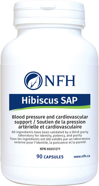 SCIENCE-BASED HIBISCUS FOR HYPERTENSION  NFH Hibiscus SAP 90 Vegetarian Capsules  Description  Hibiscus (Hibiscus sabdariffa) is a medicinal botanical that helps maintain cardiovascular health by regulating blood pressure, based on evidence from several clinical trials. Hibiscus possesses several active constituents, including anthocyanidins, which are thought to be the source of its antioxidant effects.