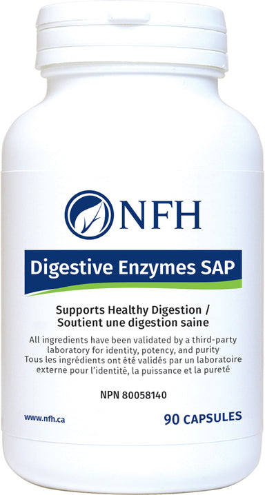 SCIENCE-BASED ENZYME COMPLEX FOR OPTIMAL DIGESTIVE HEALTH  NFH Digestive Enzymes SAP 90 Vegetarian Capsules  Description  Digestive Enzymes SAP is a combination of ox bile, betaine hydrochloride, and pancreatic enzymes. It has been documented that, as we age or are under chronic stress, the production of important digestive enzymes can drop significantly.