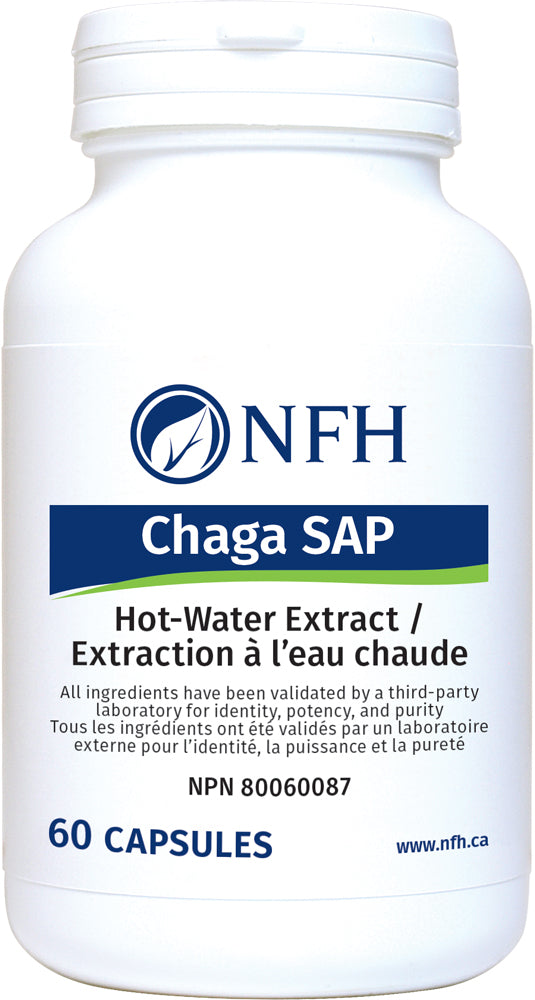 SCIENCE-BASED HOT-WATER MUSHROOM EXTRACT FOR OPTIMAL HEALTH AND IMMUNE SUPPORT  NFH Chaga SAP 60 Vegetarian Capsules  Description  Chaga SAP is a hot water-extract medicinal mushroom, known by its scientific classification as Inonotus obliquus. Chaga is parasitic on birch and other trees, and the conk presents as a mass of mycelium with the appearance of burnt charcoal, due to large amounts of melanin.