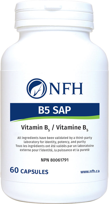 SCIENCE-BASED STRESS SUPPORT  NFH B5 SAP 60 Vegetarian Capsules  Description  B5 SAP has been formulated to contain a complex of B vitamins heavily weighed to B5 (pantothenic acid) to help support adrenal function, stress response, and healthy immune function. The combination of active B vitamins contained in B5 SAP is important for several body systems. Vitamin B5 is an important part in the formation of coenzyme A, which is essential for several functions necessary to sustain life.