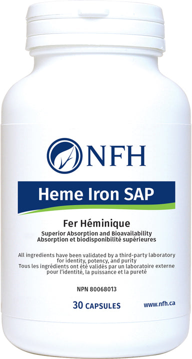 SCIENCE-BASED HEME-IRON SOURCE FOR OPTIMAL ABSORPTION  NFH Heme Iron SAP 30 Vegetarian Capsules  Description  Heme iron is a highly bioavailable form of iron, isolated from animal sources with maximal human intestinal absorption. Heme iron is not associated with common side effects of elemental (nonheme) iron supplementation such as constipation, nausea, and gastrointestinal upset.