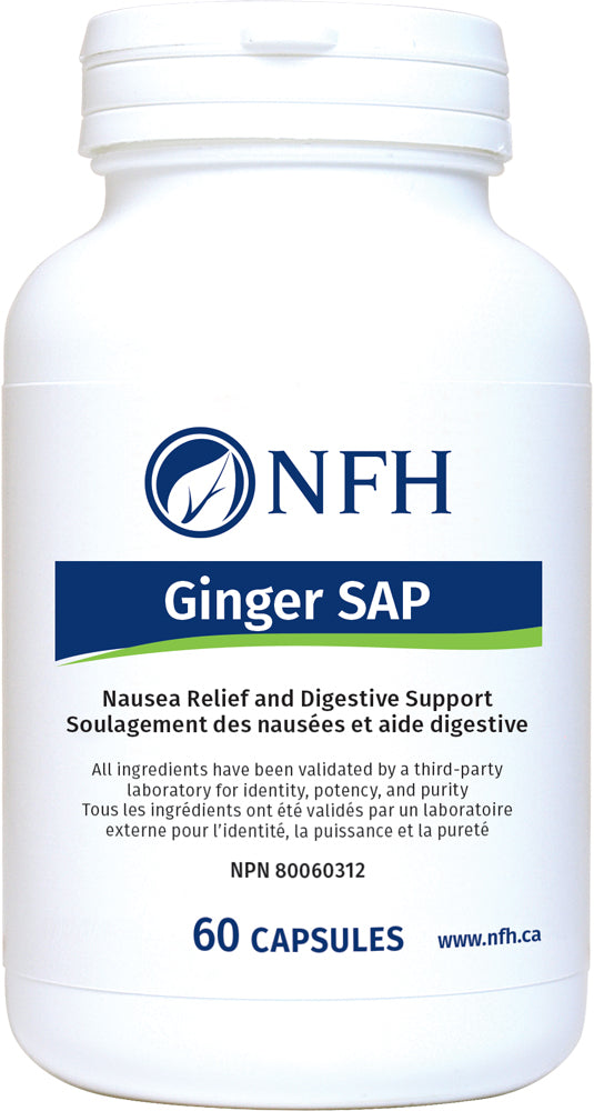 SCIENCE-BASED DIGESTIVE AND PAIN SUPPORT  NFH Ginger SAP 60 Vegetarian Capsules  Description  Ginger SAP is a standardized extract of Zingiber officinale that is used to help a variety of conditions. Ginger has been used for centuries in the Indian, Chinese, Arabic, and Tibetan systems of traditional medicine to treat nausea and vomiting induced by different stimuli. Ginger has been clinically shown to help prevent nausea and vomiting associated with motion sickness and/or seasickness.