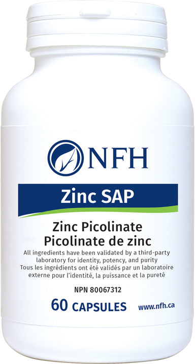 ZINC PICOLINATE FOR HEALTHY IMMUNE FUNCTION  NFH Zinc SAP 60 Vegetarian Capsules  Description  Zinc SAP contains a highly absorbable form of zinc, called zinc picolinate. Zinc is a mineral that is essential in both innate and adaptive immune function. Zinc is also important to maintain connective tissue formation, intestinal health, and healthy skin. In addition, metabolism of carbohydrates, fat, and proteins to form red blood cells relies on zinc for proper function.