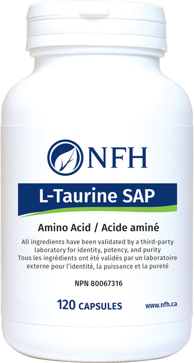 SCIENCE-BASED ʟ‑TAURINE FOR MITOCHONDRIAL SUPPORT AND CARDIOVASCULAR HEALTH  NFH L‑Taurine SAP 120 Vegetarian Capsules  Description  L‑Taurine SAP contains high-quality taurine that can be clinically used in combination with Mito SAP to support optimal mitochondrial metabolism.