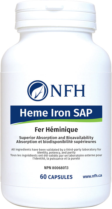 SCIENCE-BASED HEME-IRON SOURCE FOR OPTIMAL ABSORPTION  NFH Heme Iron SAP 60 Vegetarian Capsules  Description  Heme iron is a highly bioavailable form of iron, isolated from animal sources with maximal human intestinal absorption. Heme iron is not associated with common side effects of elemental (nonheme) iron supplementation such as constipation, nausea, and gastrointestinal upset.