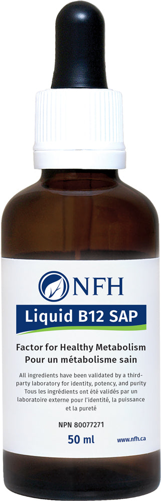 SCIENCE-BASED LIQUID B12 FOR OPTIMAL HEALTH  NFH Liquid B12 SAP 50 ml  Description  Liquid B12 SAP provides the essential water-soluble vitamin B12 in its highly bioavailable methylcobalamin form for improved absorption and efficacy. Methylcobalamin is crucial for carbohydrate, lipid, and protein metabolism as well as DNA biosynthesis.