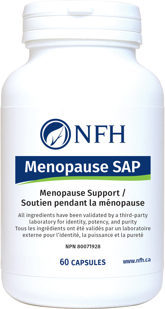 SCIENCE-BASED FORMULA FOR MENOPAUSE SUPPORT  NFH Menopause SAP 60 Vegetarian Capsules  Description  Menopause SAP contains a combination of four evidence-based standardized herbal extracts that can help in the management of menopause-related symptoms and profoundly improve pre‑, peri‑, and postmenopausal quality of life.