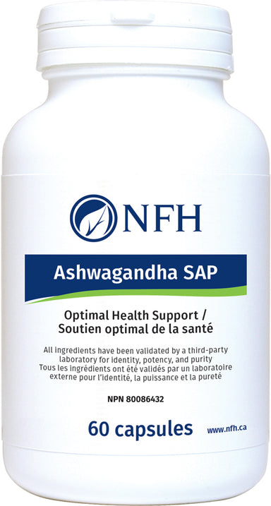 SCIENCE-BASED NUTRACEUTICAL FOR OPTIMAL HEALTH  NFH Ashwagandha SAP 60 Vegetarian Capsules  Description  Commonly known as ashwagandha, ‘Indian ginseng’, or winter cherry, Withania somnifera has been used as a staple ingredient in Ayurvedic preparations due to its numerous therapeutic properties for over 3000 years.