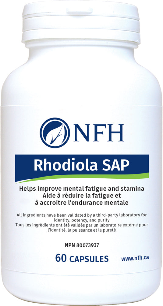 SCIENCE-BASED NUTRACEUTICAL FOR MENTAL FATIGUE AND STRESS  NFH Rhodiola SAP 60 Vegetarian Capsules  Description  Rhodiola SAP provides a standardized dose of Rhodiola rosea (R. rosea) root extract, commonly used in herbal medicine as an adaptogen to help temporarily relieve symptoms associated with stress, such as mental fatigue and sensation of weakness.