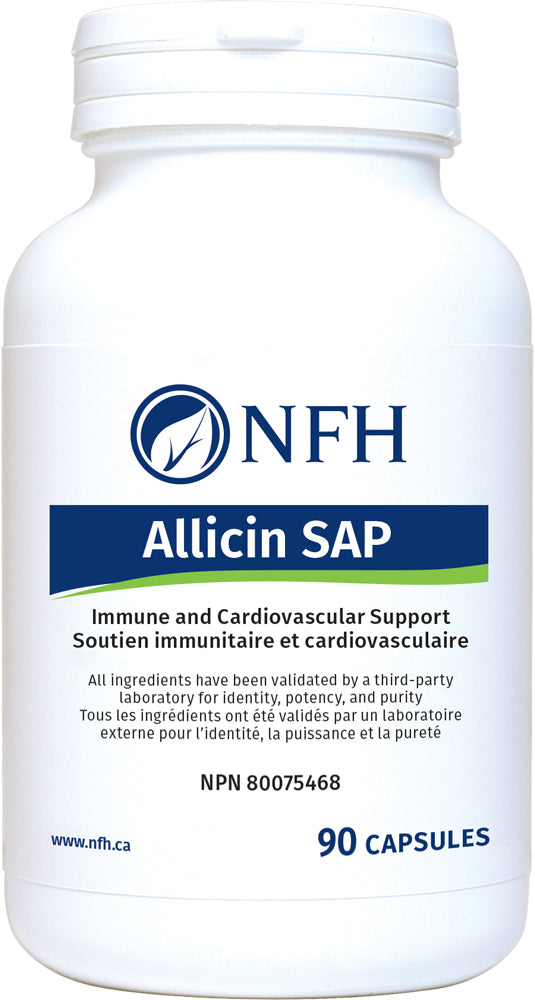SCIENCE-BASED IMMUNE AND CARDIOVASCULAR HEALTH SUPPORT  NFH Allicin SAP 90 Vegetarian Capsules  Description  Garlic (Allium sativum) is traditionally used in herbal medicine to help reduce elevated blood lipid levels/ hyperlipidemia and to help maintain cardiovascular health. Garlic is enriched with a plethora of volatile, water-soluble and oil-soluble organosulfur bioactive compounds.