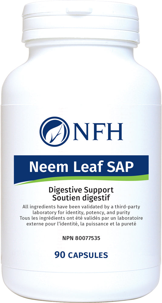 SCIENCE-BASED DIGESTIVE SUPPORT  NFH Neem Leaf SAP 90 Vegetarian Capsules  Description  Neem (Azadirachta indica) based preparations have been widely used for centuries as traditional medicine for their antimicrobial, antiulcer, anti-inflammatory, antihelminthic, antidiabetic, immunomodulatory properties. Neem leaf is rich in phytochemicals that are known to exert pleiotropic health effects.