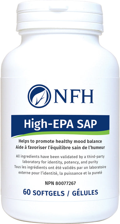 SCIENCE-BASED HIGH-DOSE EPA FOR MENTAL HEALTH AND OPTIMAL MOOD BALANCE  NFH High‑EPA SAP (1000 mg EPA, 100 mg DHA/softgel) 60 Softgels  Description  Mental health serves as the cornerstone of an individual’s wellbeing. Mood imbalances can result in a variety of symptoms that may include fatigue, difficulty in concentrating, change in appetite, irritability, agitation, withdrawal, insomnia, or excessive sleeping.