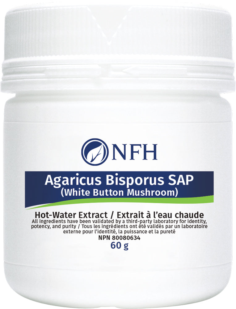 SCIENCE-BASED IMMUNE SUPPORT FOR OPTIMAL HEALTH  NFH Agaricus Bisporus SAP White Button Mushroom 60 g  Description  Agaricus Bisporus SAP is a hot water-extract from white button mushroom (WBM; Agaricus bisporus), the most commonly consumed mushroom in North America and most western countries. A. bisporus constitutes a significant amount of vitamin D precursor ergosterol, dietary fibers and antioxidants including vitamin C, and B12, folates and polyphenols.