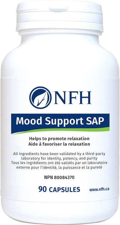 SCIENCE-BASED FORMULATION FOR MOOD BALANCE  NFH Mood Support SAP 90 Vegetarian Capsules  Description  Mood imbalance and associated disorders have become increasingly common worldwide. Various factors can contribute to mood imbalances, such as food and environmental factors, age, occupation, as well as previous illnesses and surgeries.