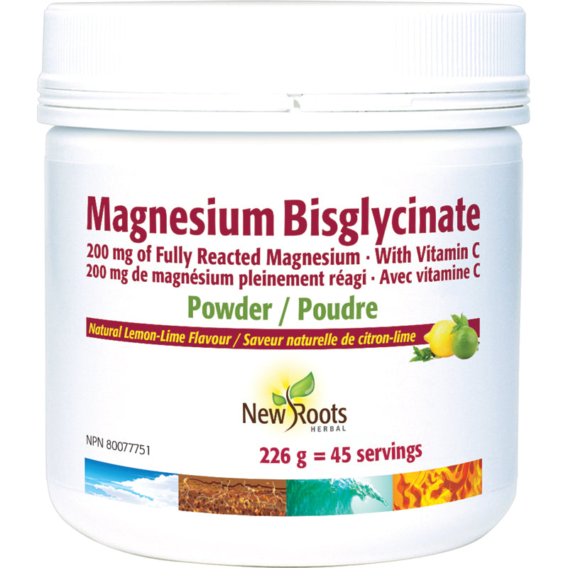 New Roots Magnesium Bisglycinate 200mg of Fully Reacted with Vitamin C Powder 226g