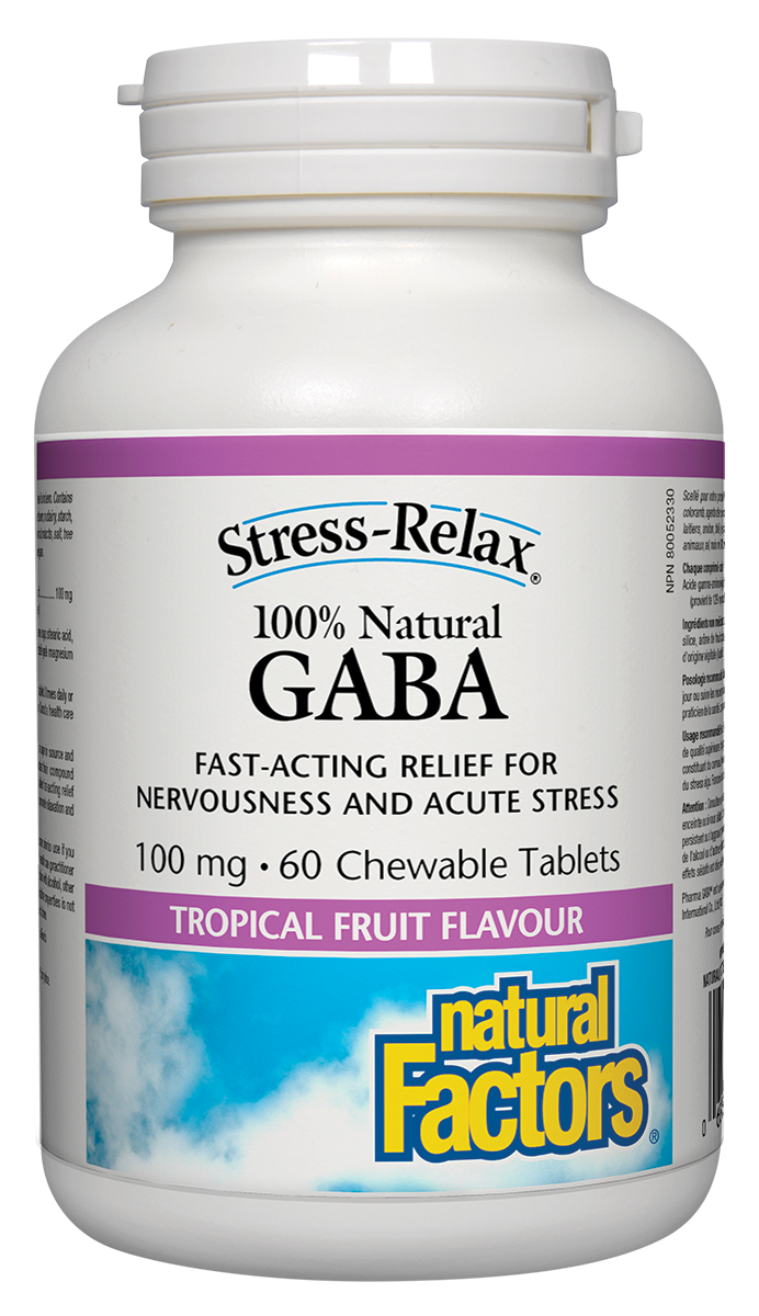 Natural Factors Stress-Relax 100% Natural GABA 100mg 60 Chewable Tablets Tropical Fruit